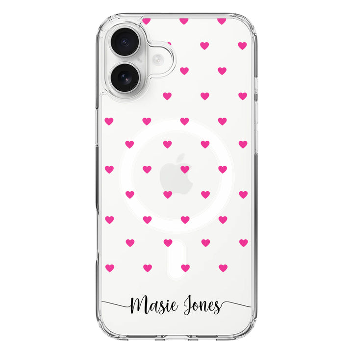 Apple iPhone 16 Plus / Clear MagSafe Heart Pattern Custom Text, My Name Phone Case - Stylizedd.com