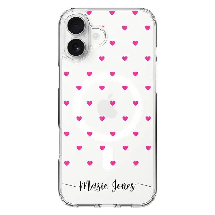 Apple iPhone 16 Plus / Clear Classic Heart Pattern Custom Text, My Name Phone Case - Stylizedd.com