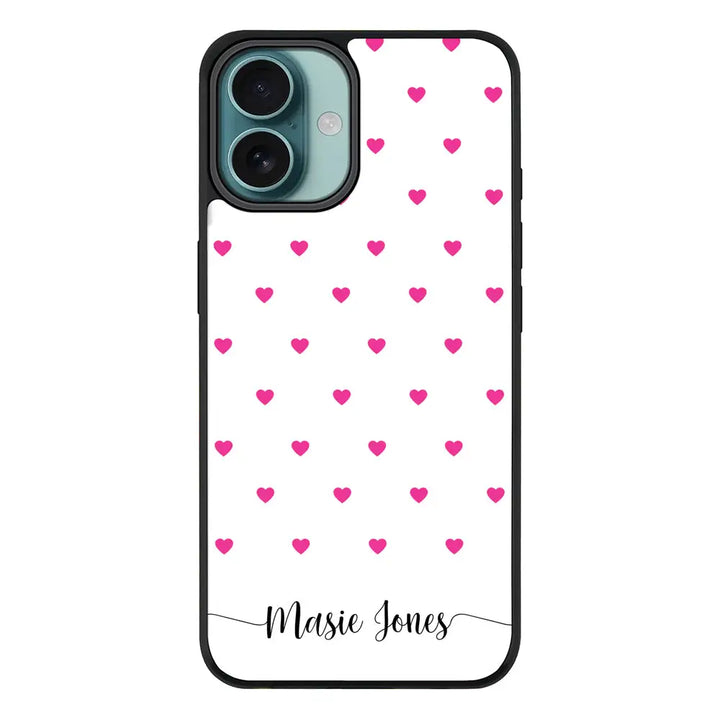 Apple iPhone 16 Plus / Rugged Black Heart Pattern Custom Text, My Name Phone Case - Stylizedd.com