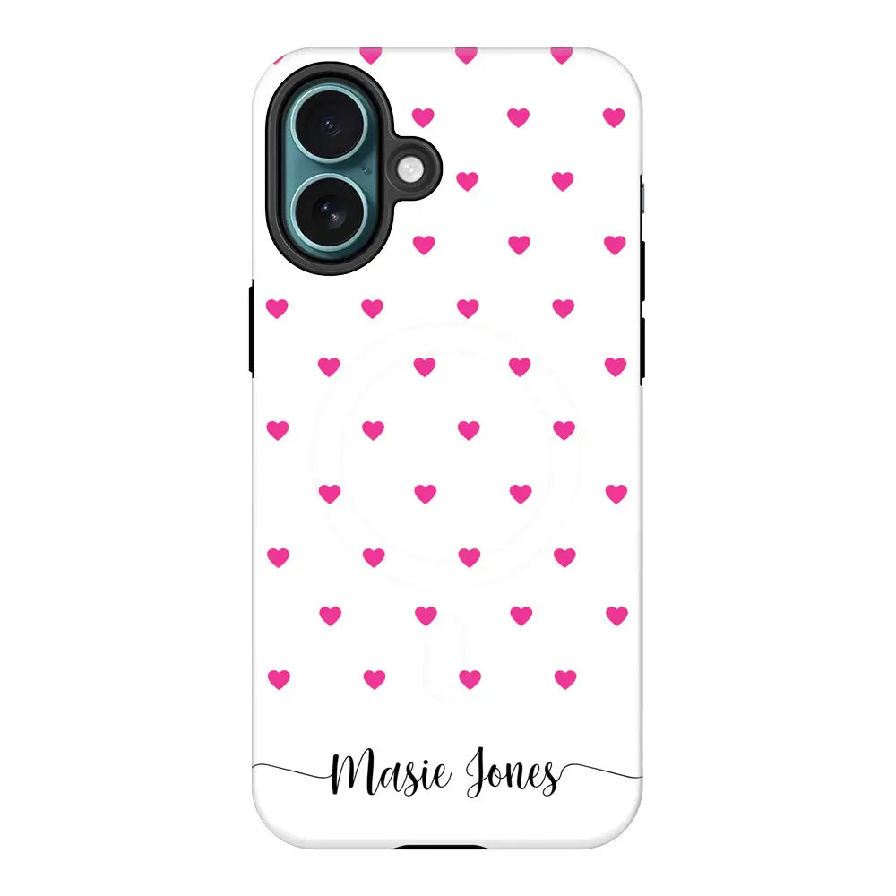 Apple iPhone 16 Plus / Tough Pro Heart Pattern Custom Text, My Name Phone Case - Stylizedd.com