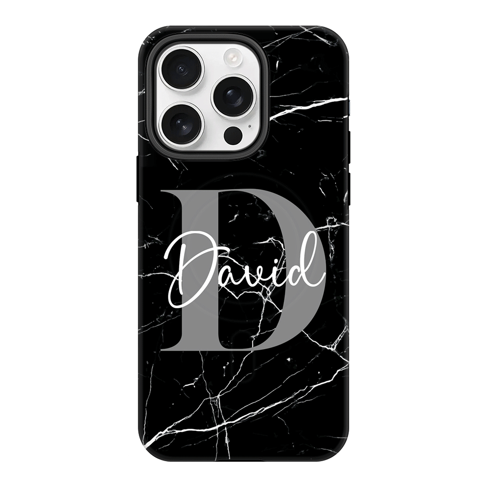 Apple iPhone 16 Pro / Tough MagSafe Personalized Text Black & White Marble Texture, Phone Case - Stylizedd.com