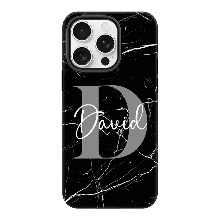 Apple iPhone 16 Pro / Tough MagSafe Personalized Text Black & White Marble Texture, Phone Case - Stylizedd.com