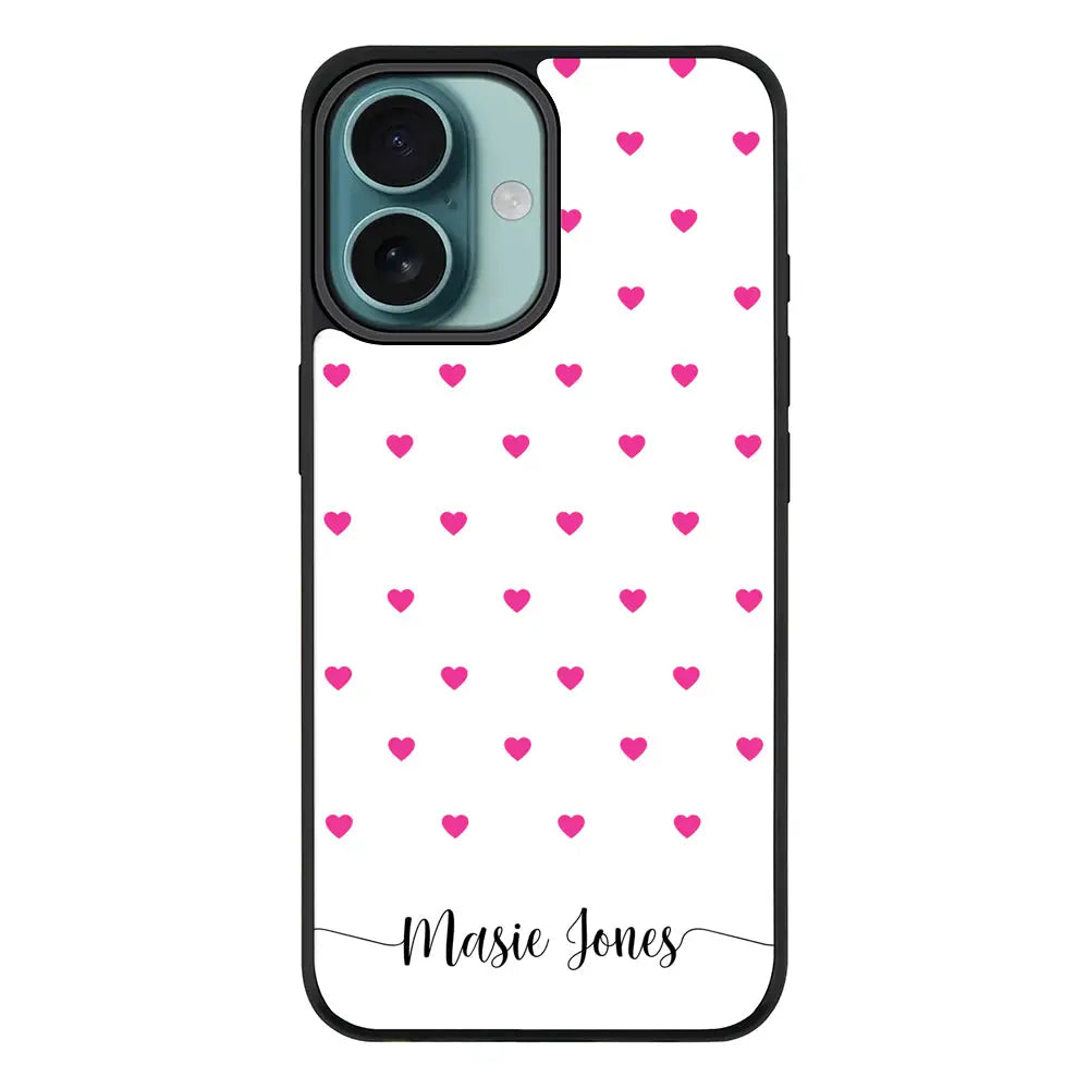 Apple iPhone 16 / Rugged Black Heart Pattern Custom Text, My Name Phone Case - Stylizedd.com