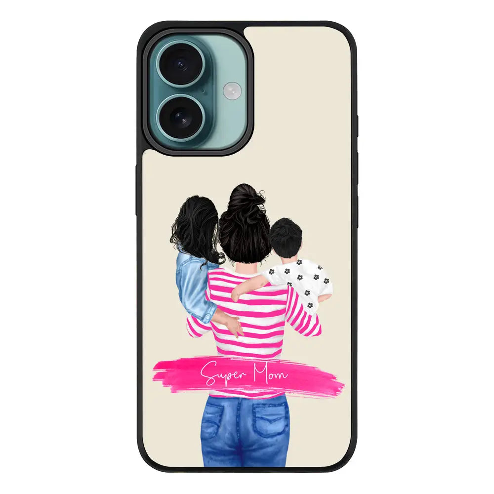 Apple iPhone 16 / Rugged Black Custom Clipart Text Mother Son & Daughter Phone Case - Stylizedd.com