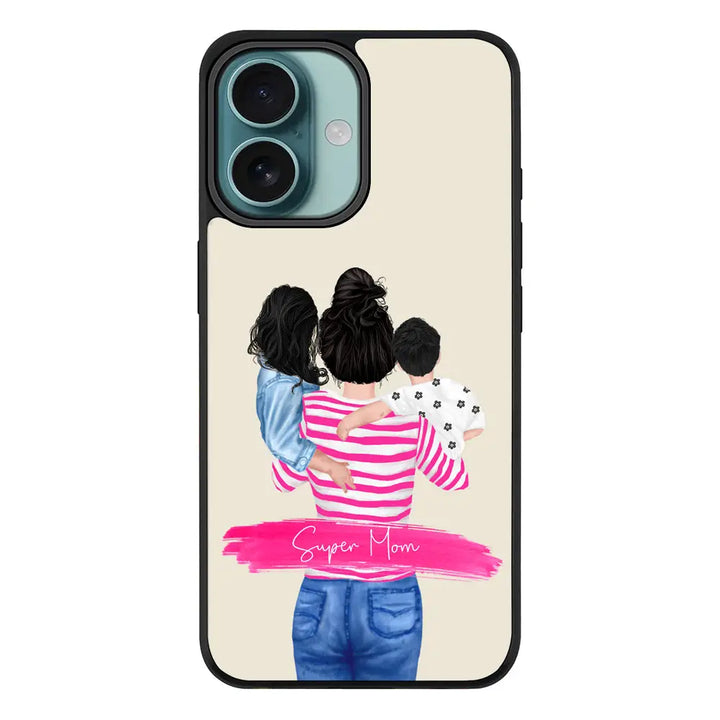 Apple iPhone 16 / Rugged Black Custom Clipart Text Mother Son & Daughter Phone Case - Stylizedd.com