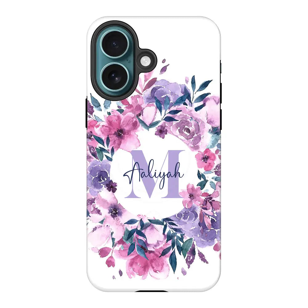 Apple iPhone 16 / Tough MagSafe Custom Monogram Floral Flower Initial Name & Letter, Phone Case - Stylizedd.com