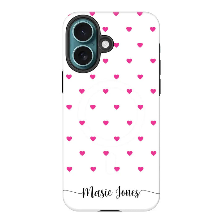 Apple iPhone 16 / Tough Pro Heart Pattern Custom Text, My Name Phone Case - Stylizedd.com