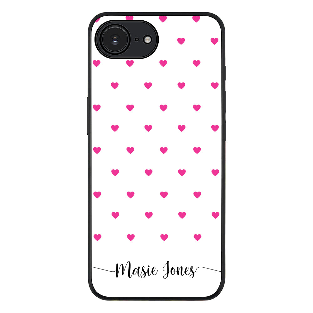Apple iPhone 16e / Rugged Black Heart Pattern Custom Text, My Name Phone Case - Stylizedd.com