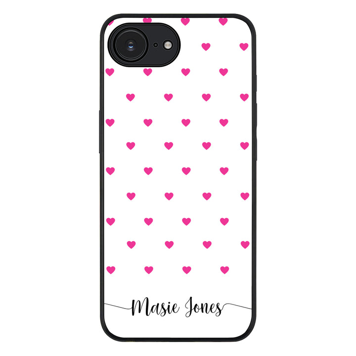 Apple iPhone 16e / Rugged Black Heart Pattern Custom Text, My Name Phone Case - Stylizedd.com