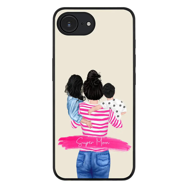 Custom Clipart Text Mother Son & Daughter Phone Case - Apple iPhone 16e / Rugged Black - Stylizedd