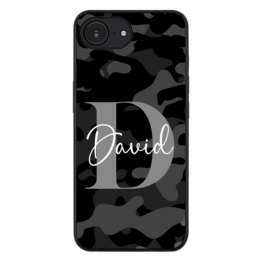 Apple iPhone 16e / Rugged Black Personalized Name Camouflage Military Camo, Phone case - Stylizedd.com