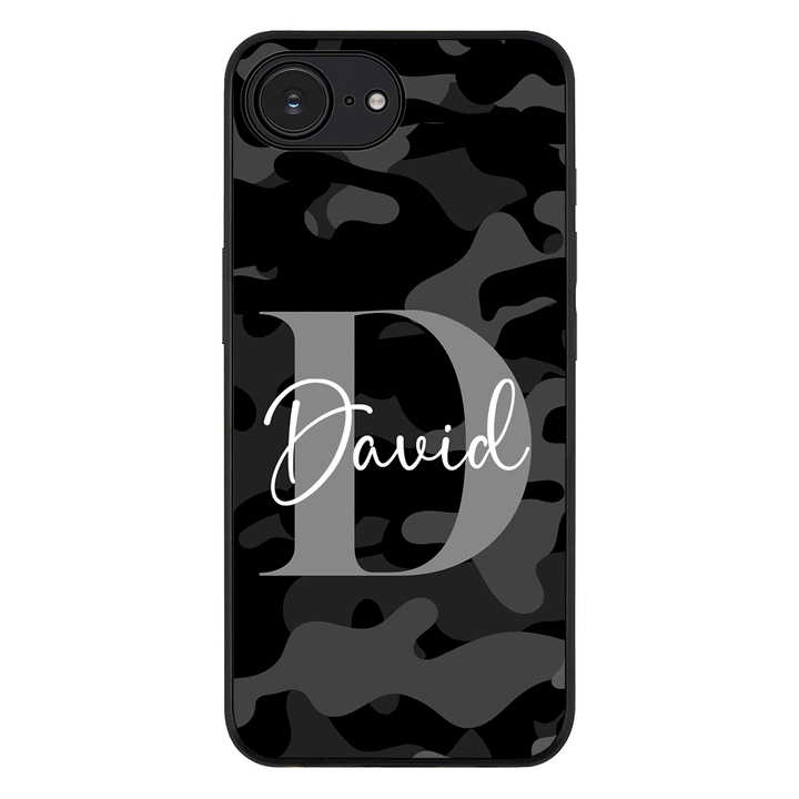 Apple iPhone 16e / Rugged Black Personalized Name Camouflage Military Camo, Phone case - Stylizedd.com