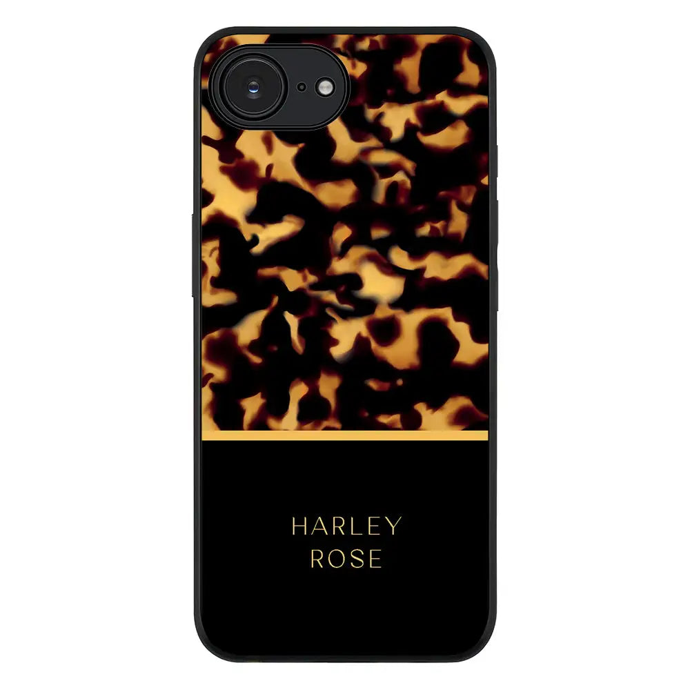 Personalized Text Luxury Tortoise Shell Pattern Phone Case - Apple iPhone 16e / Rugged Black