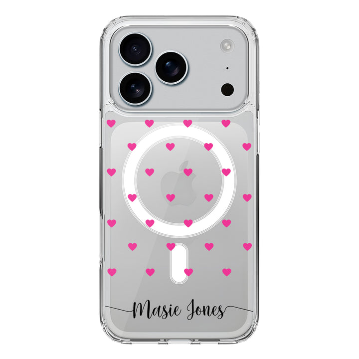 Apple iPhone 17 Pro / Clear MagSafe Heart Pattern Custom Text, My Name Phone Case - Stylizedd.com