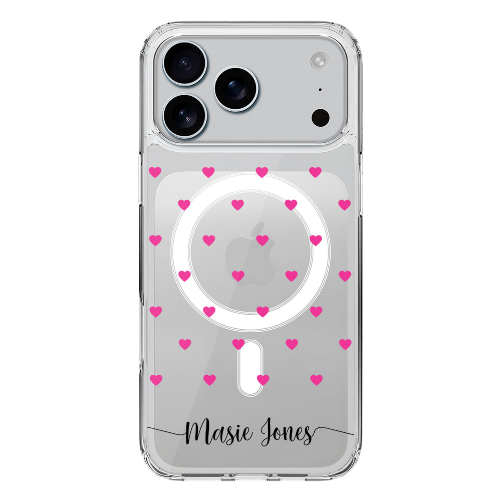 Apple iPhone 17 Pro Max / Clear MagSafe Heart Pattern Custom Text, My Name Phone Case - Stylizedd.com
