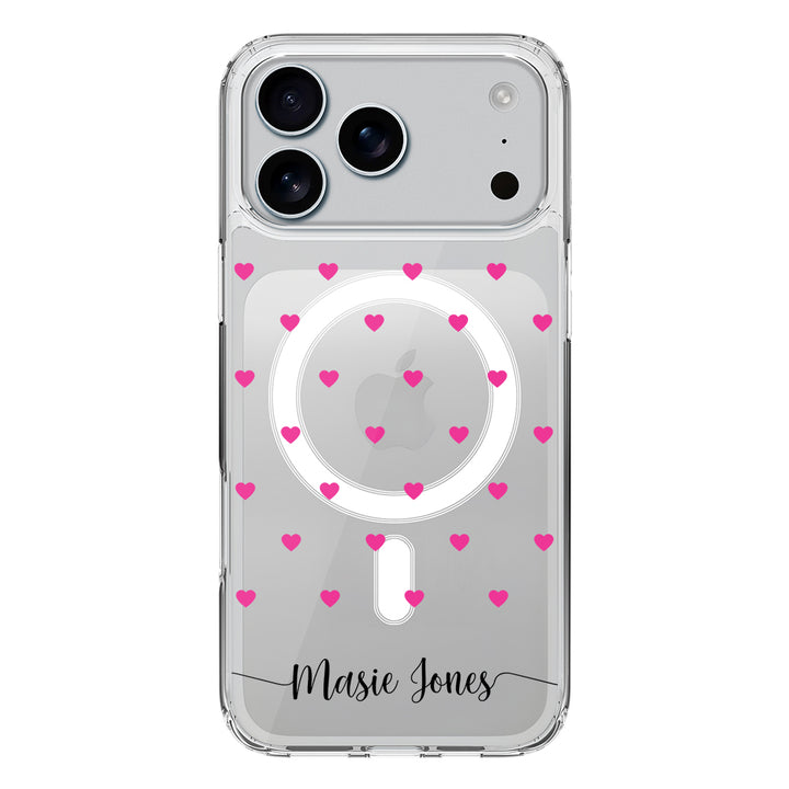 Apple iPhone 17 Pro Max / Clear MagSafe Heart Pattern Custom Text, My Name Phone Case - Stylizedd.com