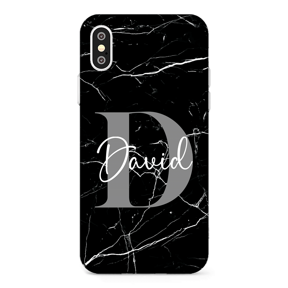 Apple iPhone XR / Clear Classic Personalized Text Black & White Marble Texture, Phone Case - Stylizedd.com