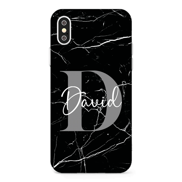 Apple iPhone XR / Clear Classic Personalized Text Black & White Marble Texture, Phone Case - Stylizedd.com