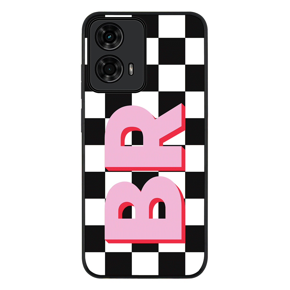 Custom Monogram Initial Checkerboard Phone Case - Motorola - Moto G24 / Power / Rugged Black