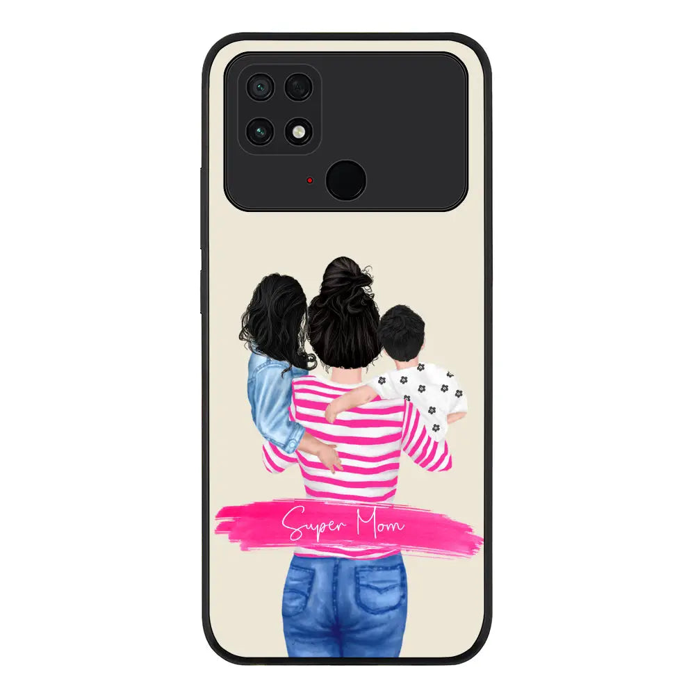 Custom Clipart Text Mother Son & Daughter Phone Case - Poco - C40 / Rugged Black - Stylizedd