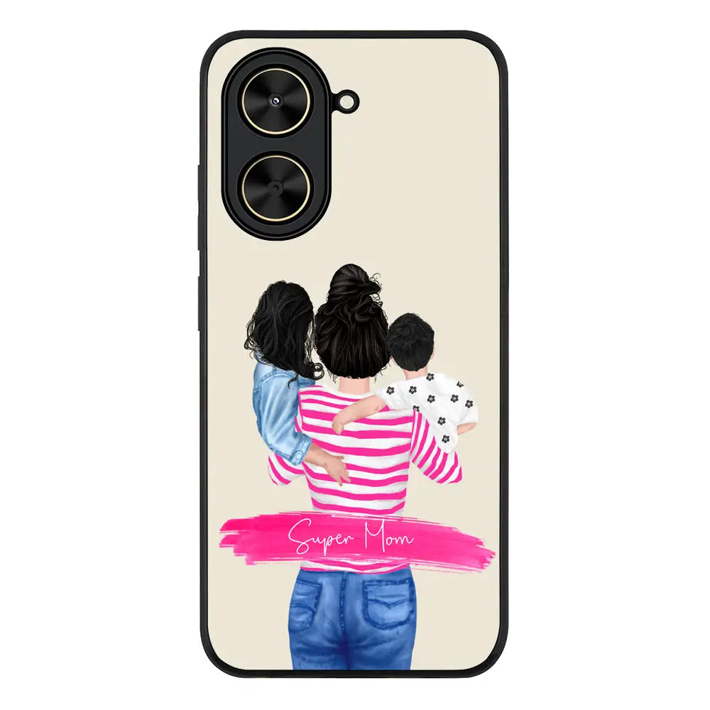 Custom Clipart Text Mother Son & Daughter Phone Case - Poco - C71 / Rugged Black - Stylizedd