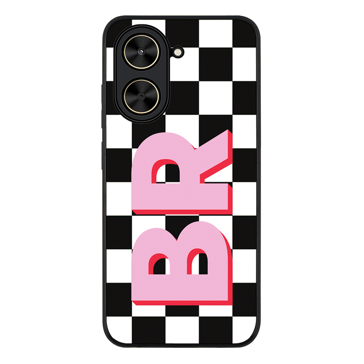 Redmi A5 4G / Rugged Black Custom Monogram Initial Checkerboard, Phone Case - Redmi - Stylizedd.com