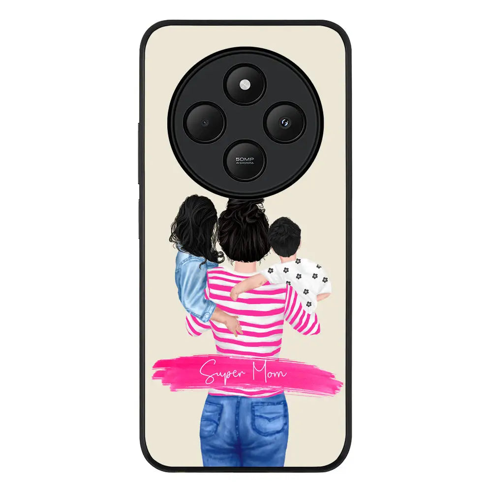 Custom Clipart Text Mother Son & Daughter Phone Case - Poco - C75 / Rugged Black - Stylizedd