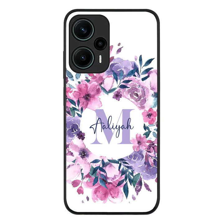 Redmi Note 12 Turbo 5G / Rugged Black Custom Monogram Floral Flower Initial Name & Letter, Phone Case - Redmi - Stylizedd.com