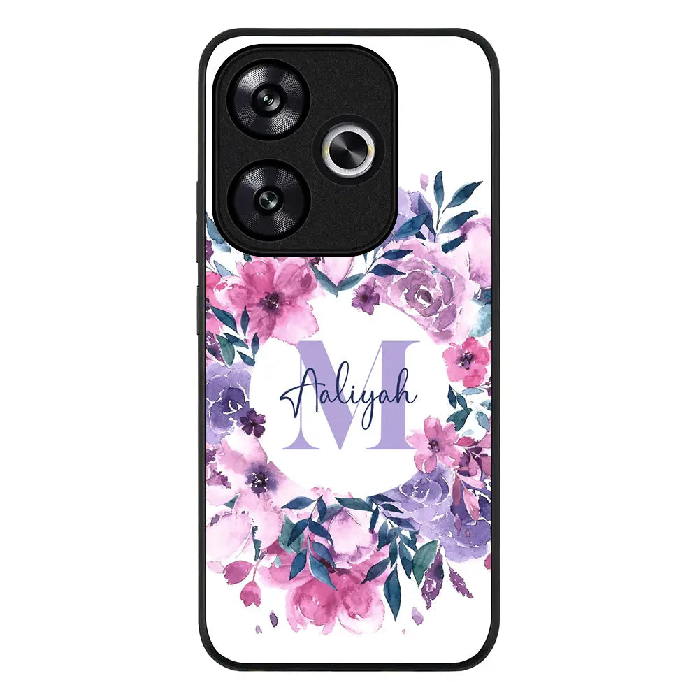 Redmi Turbo 3 / Rugged Black Custom Monogram Floral Flower Initial Name & Letter, Phone Case - Redmi - Stylizedd.com