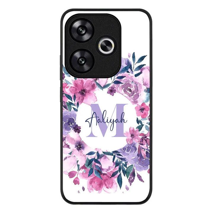 Redmi Turbo 3 / Rugged Black Custom Monogram Floral Flower Initial Name & Letter, Phone Case - Redmi - Stylizedd.com