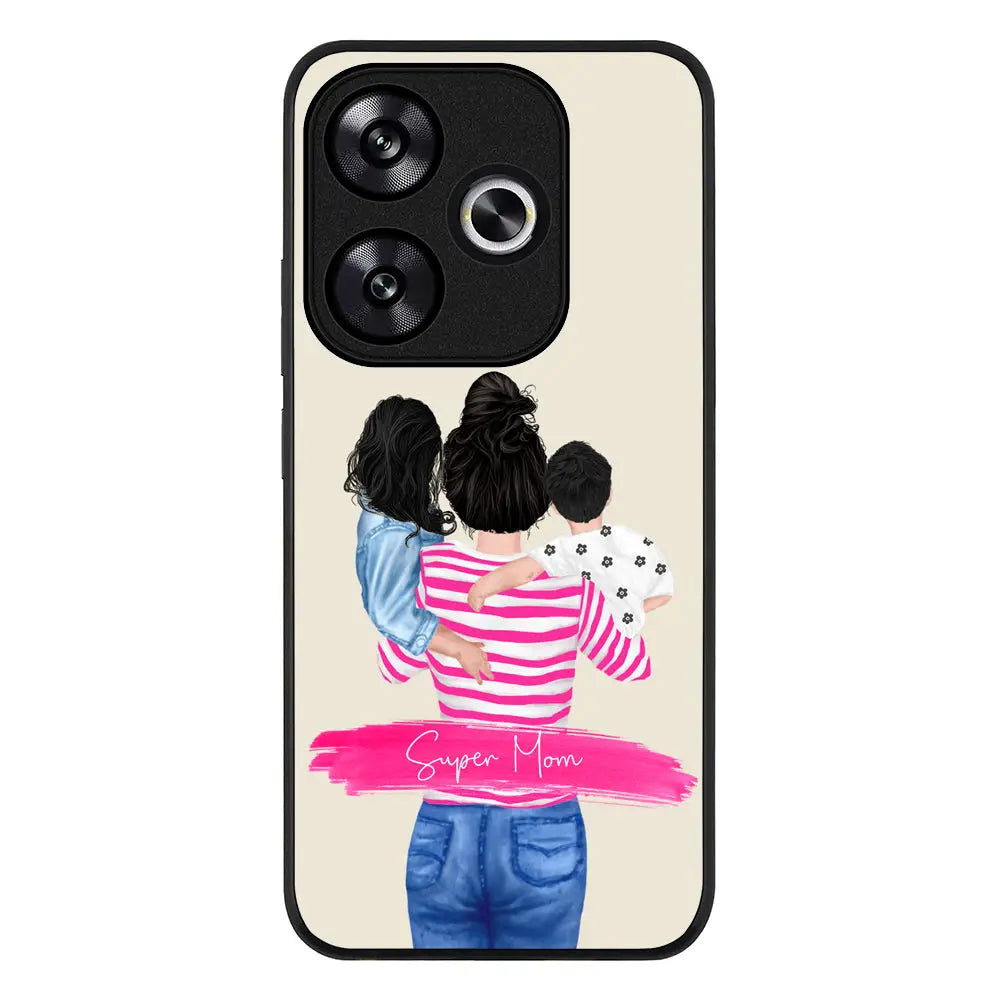 Custom Clipart Text Mother Son & Daughter Phone Case - Poco - F6 / Rugged Black - Stylizedd