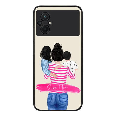 Custom Clipart Text Mother Son & Daughter Phone Case - Poco - M5 / Rugged Black - Stylizedd
