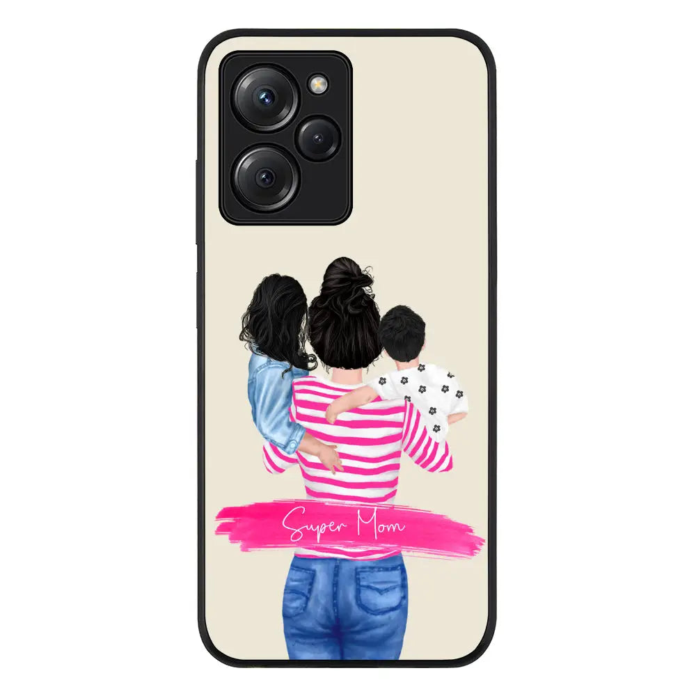 Custom Clipart Text Mother Son & Daughter Phone Case - Poco - X5 Pro 5G / Rugged Black - Stylizedd