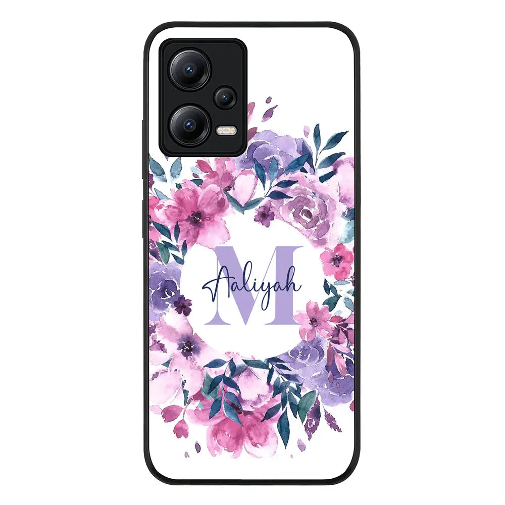 Redmi Note 12 5G / Rugged Black Custom Monogram Floral Flower Initial Name & Letter, Phone Case - Redmi - Stylizedd.com