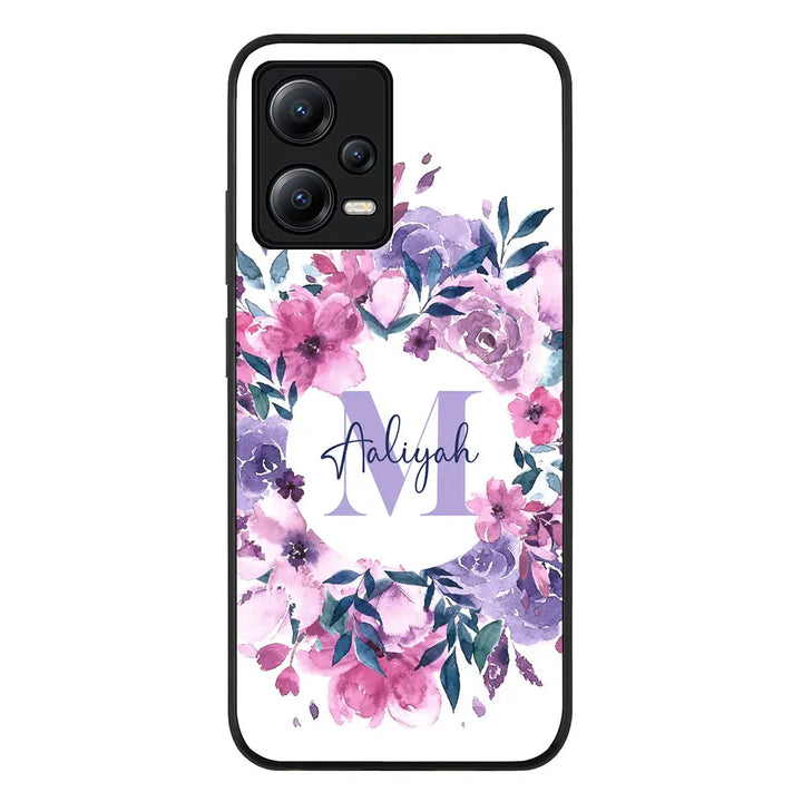Redmi Note 12 5G / Rugged Black Custom Monogram Floral Flower Initial Name & Letter, Phone Case - Redmi - Stylizedd.com