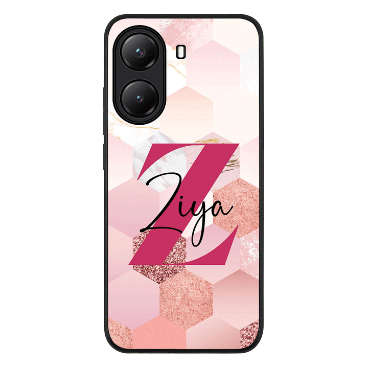 Personalized Text Geometric Pink Marble Texture Phone Case - Poco - X7 Pro / Rugged Black