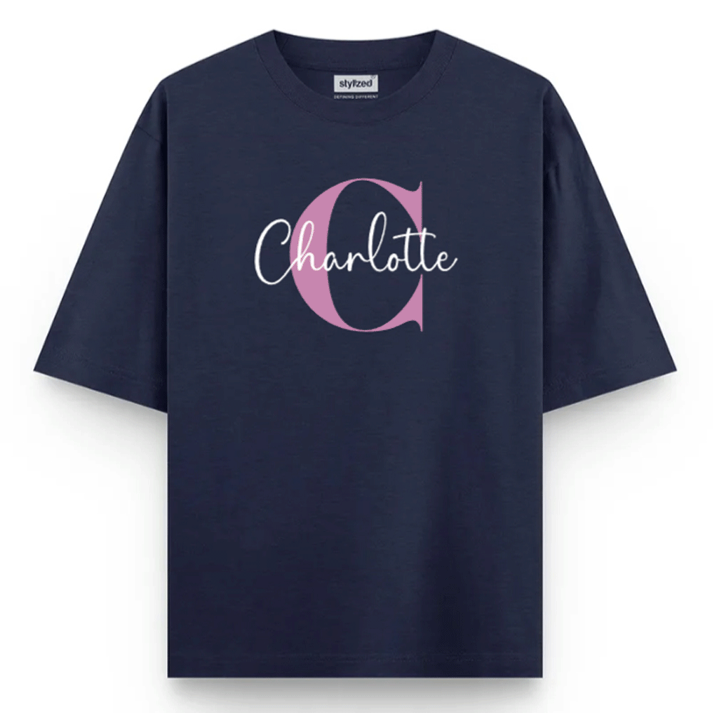 Custom Monogram Name T-shirt - Oversize - Navy Blue / XS - T-Shirt
