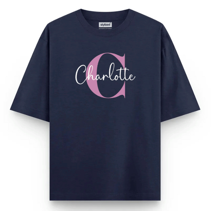 Custom Monogram Name T-shirt - Oversize - Navy Blue / XS - T-Shirt