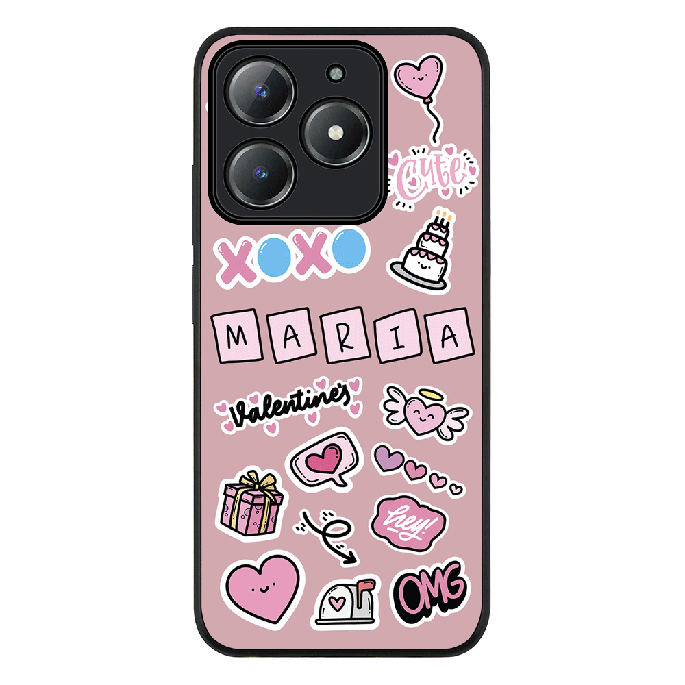 Personalized Name Cute Love Heart Sticker Phone Case - Realme - C63 / C61 / Rugged Black - Stylizedd