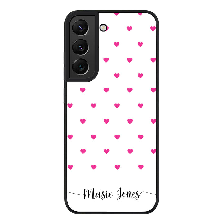 Samsung Galaxy S21 FE 5G / Rugged Black Heart Pattern Custom Text, My Name Phone Case - Samsung S Series - Stylizedd.com