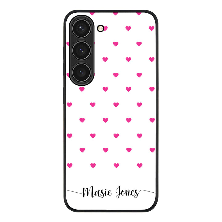 Samsung Galaxy S23 / Rugged Black Heart Pattern Custom Text, My Name Phone Case - Samsung S Series - Stylizedd.com