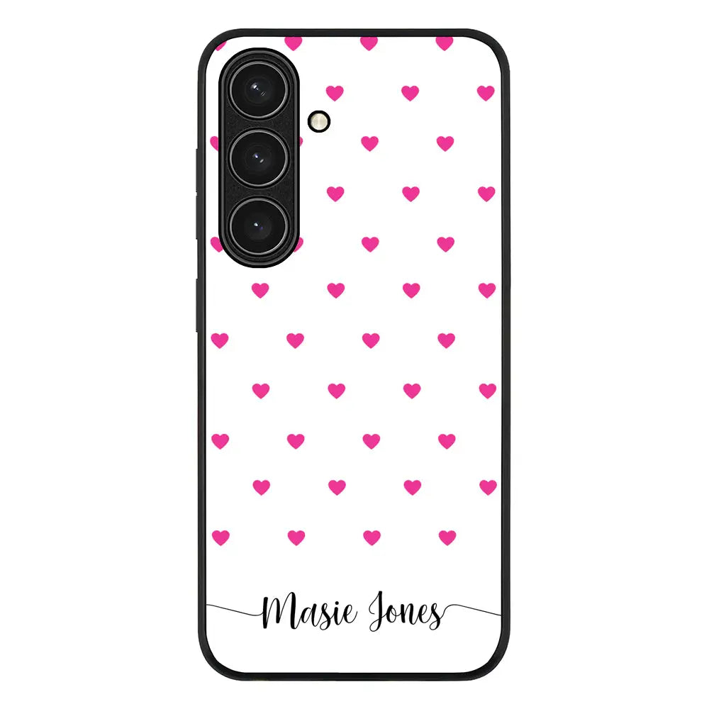 Heart Pattern Custom Text My Name Phone Case - Samsung S Series - Galaxy S24 FE / Rugged Black