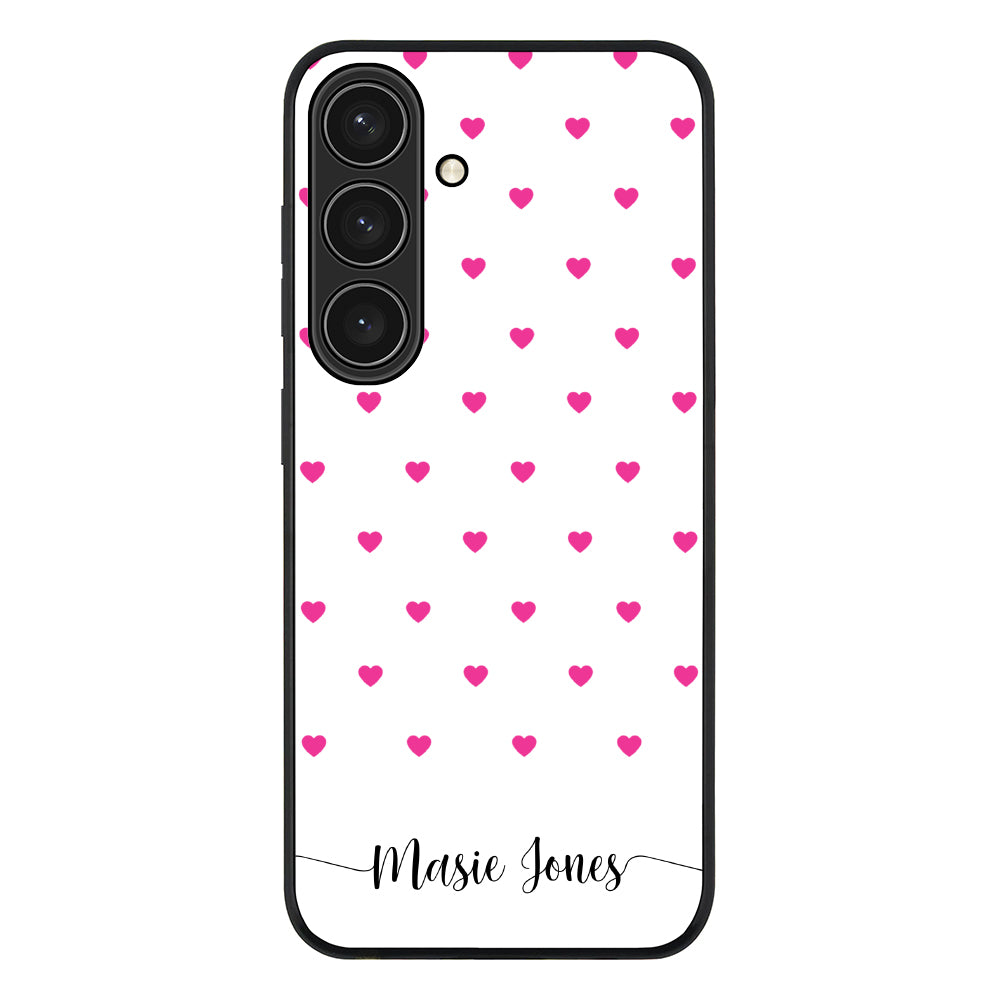 Samsung Galaxy S24 / Rugged Black Heart Pattern Custom Text, My Name Phone Case - Samsung S Series - Stylizedd.com