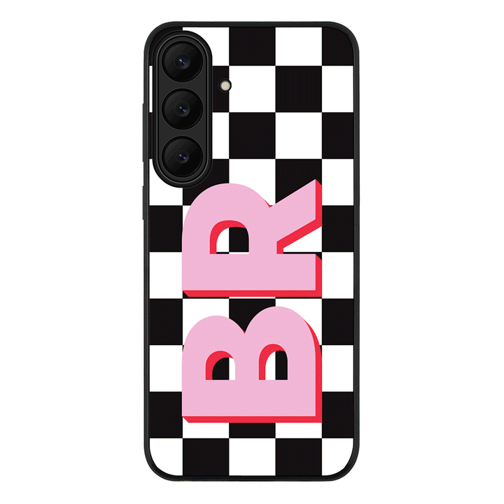 Samsung Galaxy S25 FE / Rugged Black Custom Monogram Initial Checkerboard, Phone Case - Samsung S Series - Stylizedd.com