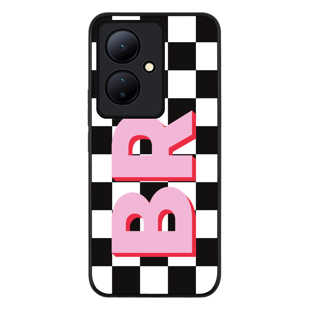 Custom Monogram Initial Checkerboard Phone Case - Vivo - V29 Lite / Rugged Black - Stylizedd
