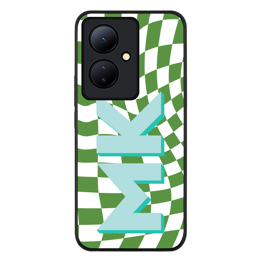 Custom Monogram Initial Wavy Checkerboard Phone Case - Vivo - V29 Lite / Rugged Black - Stylizedd
