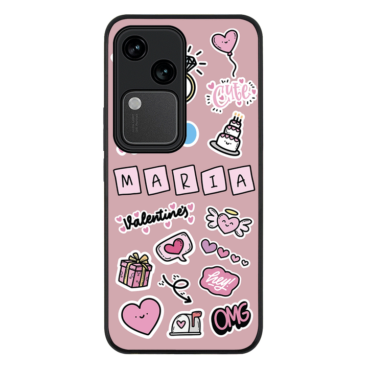 Vivo V30 / Rugged Black Personalized Name Cute Love Heart Sticker, Phone Case - Vivo - Stylizedd.com