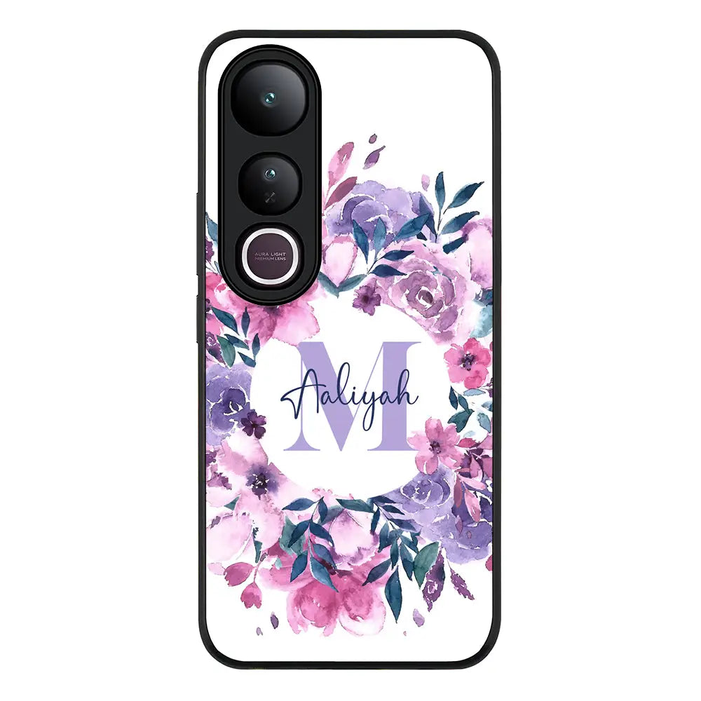 Custom Monogram Floral Flower Initial Name & Letter Phone Case - Vivo - V50 Lite / Rugged Black