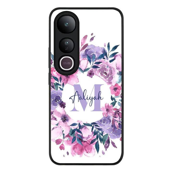 Custom Monogram Floral Flower Initial Name & Letter Phone Case - Vivo - V50 Lite / Rugged Black