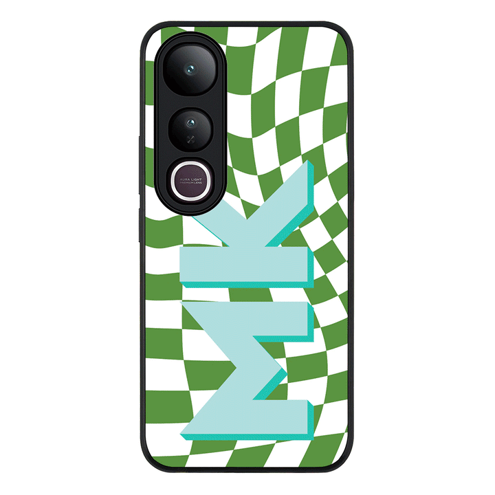 Custom Monogram Initial Wavy Checkerboard Phone Case - Vivo - V50 Lite / Rugged Black - Stylizedd